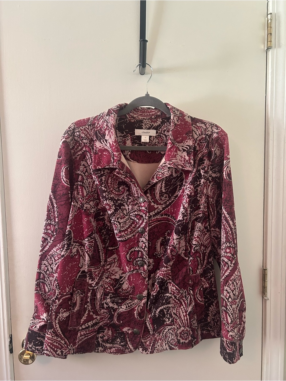 CJ Banks Burgundy Paisley Button-Front Shirt Jacket